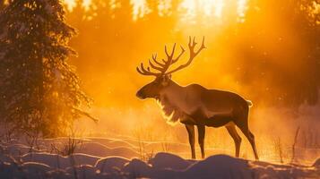 Reindeer Silhouette Against a Golden Sunset in a Snowy Landscape photo