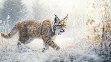 A lynx walks through a snowy, sunlit field. photo