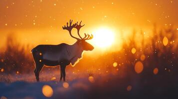 Silhouetted Reindeer Standing in Snow at Sunset photo