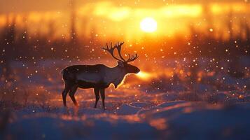 Reindeer Silhouette Blowing Steam in Golden Sunset Snowfall photo