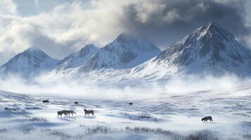 A Pack of Wolves Running Through a Snowy Mountain Landscape photo