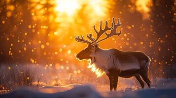 Reindeer Standing in Snowy Field at Sunset photo