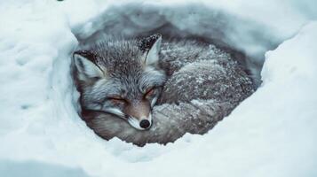 A Sleeping Fox Curled Up in a Snowdrift photo