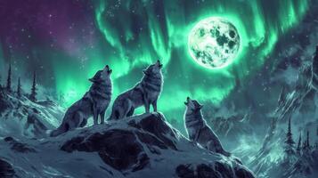 Three Wolves Howling at the Full Moon Under an Aurora Borealis photo