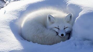 A White Arctic Fox Curled Up Sleeping in the Snow photo