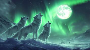 Three Wolves Howling at the Northern Lights and a Full Moon photo