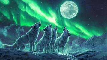Three White Wolves Howling at the Moon Under the Northern Lights photo