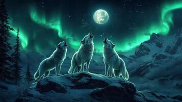 Three White Wolves Howling at the Moon and Aurora Borealis photo