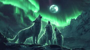 Three Wolves Howling Under the Northern Lights and a Full Moon photo