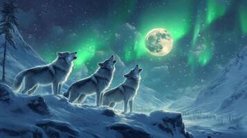 Three Wolves Howling at the Moon Under a Green Aurora Borealis photo