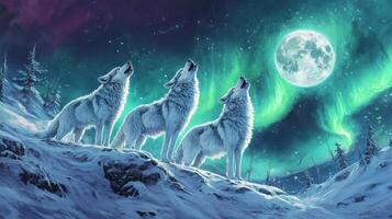 Three White Wolves Howling at the Full Moon Under the Aurora Borealis photo