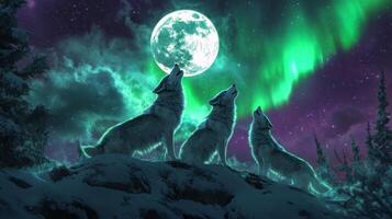 Three Wolves Howling Under a Full Moon and Northern Lights photo