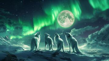 Four White Wolves Howling at the Full Moon Under the Northern Lights photo