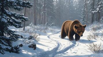 A Brown Bear Walks Through a Snowy Forest photo