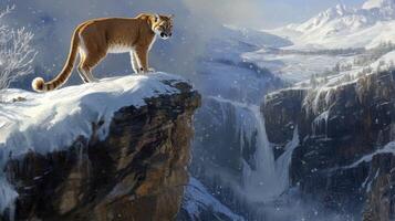 Mountain Lion Perched on Snowy Cliff Overlooking Frozen Waterfall photo