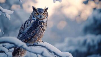 Majestic Great Horned Owl Perched on a Snowy Branch photo