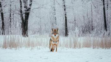 A lone coyote standing in a snowy, frosted forest photo