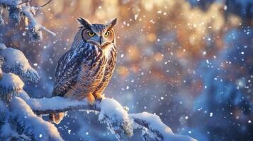 Great Horned Owl Perched on a Snowy Branch in Winter photo