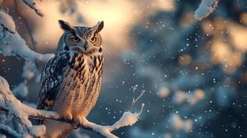 A Eurasian Eagle-Owl Perched on a Snowy Branch with a Blurred Background photo