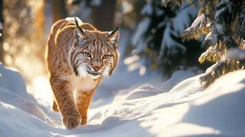 A Lynx Walking Through a Snowy Forest photo