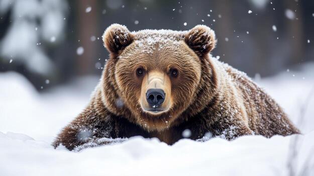Brown bear lying in the snow with a snowy background photo