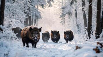 Wild Boars Walking Through a Snowy Forest photo