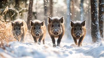 Three Wild Boars Walking Through Snowy Forest photo