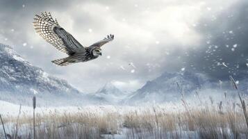 Snowy Mountain Landscape with a Flying Owl photo
