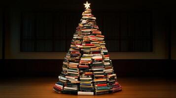 A Christmas Tree Made Entirely of Books with a Star on Top photo