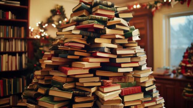 A Tower of Books Arranged in the Shape of a Christmas Tree photo
