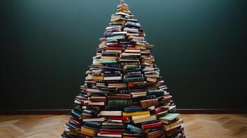 A Tall Stack of Books Shaped Like a Christmas Tree photo