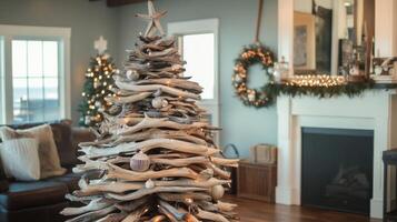 A Driftwood Christmas Tree Decorated with Ornaments and Lights photo