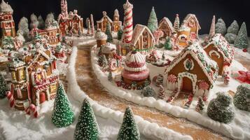 A Detailed Gingerbread Village with Snowy Trees and Candy Canes photo