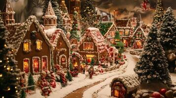 Illuminated Gingerbread Village with Snowy Trees and Candy Canes photo