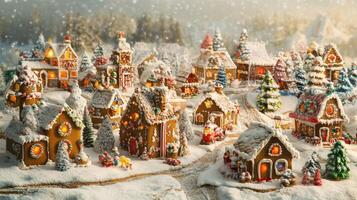 A Miniature Gingerbread Village Under a Snowy Sky photo