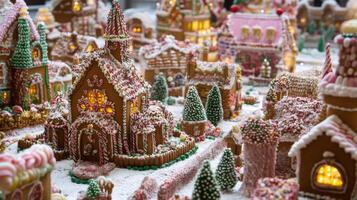 A Detailed Gingerbread Village with Snow and Candy Canes photo