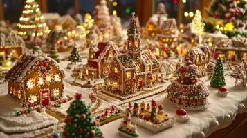 Elaborate Gingerbread Village with Snowy Landscape and Illuminated Houses photo