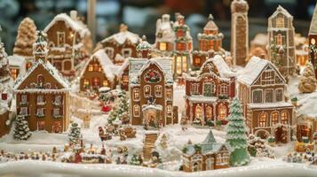 A miniature gingerbread village decorated for Christmas with snow, lights, and figurines. photo