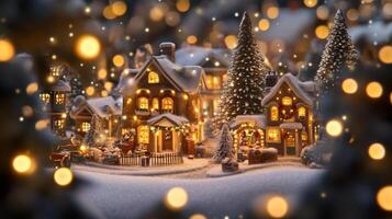 Miniature Christmas Village with Illuminated Houses and a Snow-Covered Landscape photo