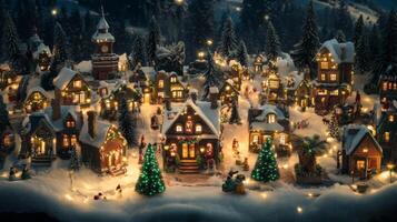 Miniature Christmas Village with Snow-Covered Houses and String Lights photo