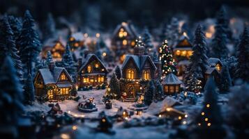 Miniature Christmas Village with Snow-Covered Houses and Trees photo