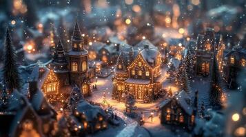 Miniature Christmas Village with Snowfall and Lights photo