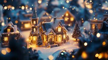 Miniature Village with Snow and Christmas Lights photo