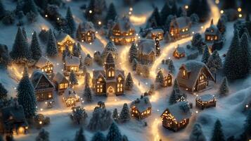 Miniature Christmas Village with Snow and Fairy Lights photo
