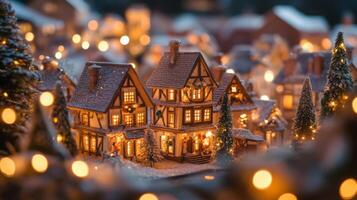 Miniature Christmas Village with Illuminated Houses and Snowy Trees photo