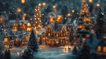 A Miniature Winter Village Illuminated with String Lights photo