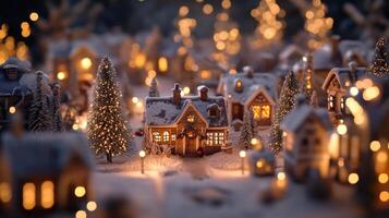 Miniature Christmas Village with Snow-Covered Houses and Glowing Lights photo