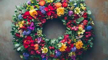 Vibrant Floral Wreath with Various Flowers and Berries photo