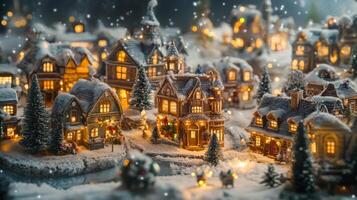 Illuminated Miniature Village with Snowfall and Christmas Decorations photo