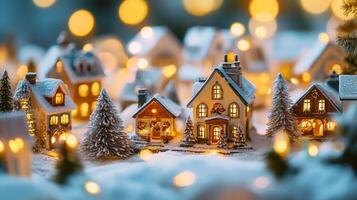 Miniature Christmas Village with Illuminated Houses and Snowy Trees photo